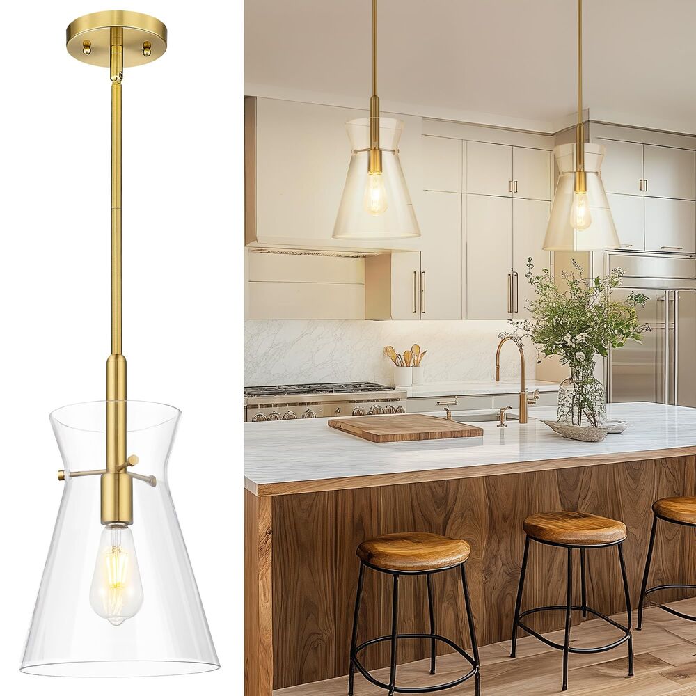 Brushed Gold Modern Pendant Light w/ 9" Clear Glass Shade, Large Hanging Fixture